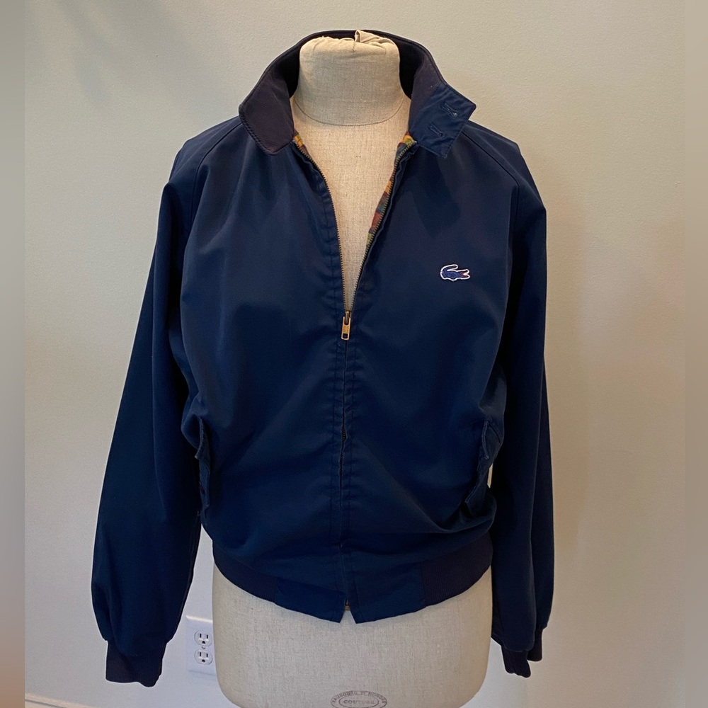Vintage Lacoste Izod Blue Bomber Athletic Jacket w Bright Plaid Lining / Size M